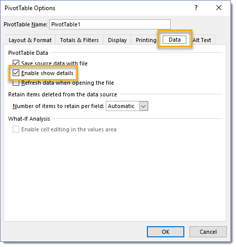 منوی PivotTable Options برای غیرفعال کردن نمایش جزئیات