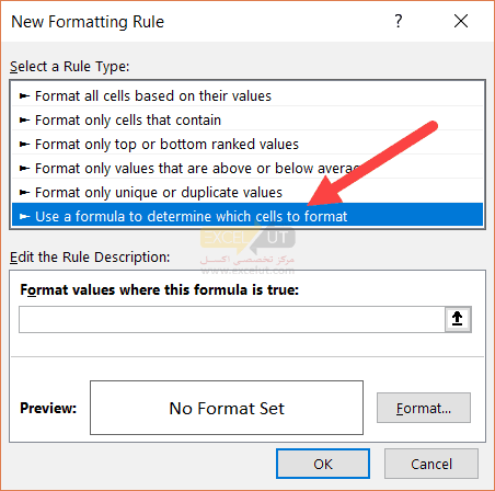  گزینه‌ی Use a formula to determine which cells to format را انتخاب کنید.