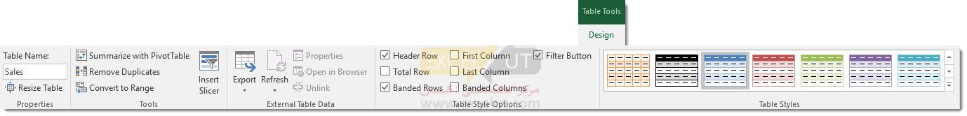 زبانه‌ی متن‌محور Table Tools Design