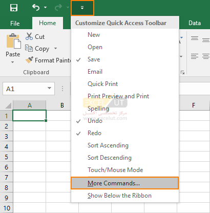 روی Customize Quick Access Toolbar کلیک کنید سپس از میان لیست روی More Commands کلیک کنید