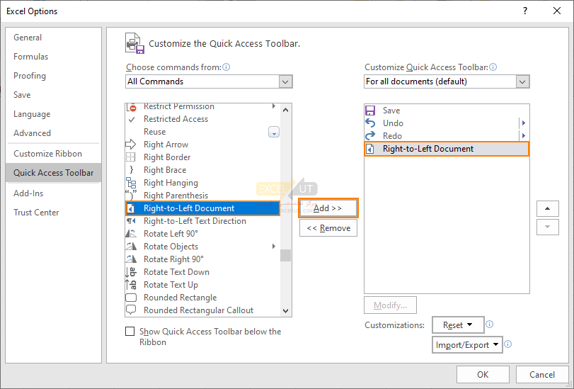 در کادر محاوره‌ای Excel Options گزینه‌ی Right-to-left document را انتخاب کنید.