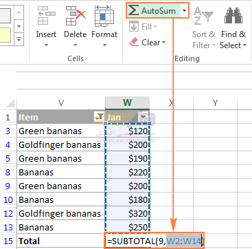 Use Excel's AutoSum feature to sum filtered cells automatically.