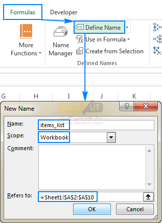 Creating a name by using the Define Name feature