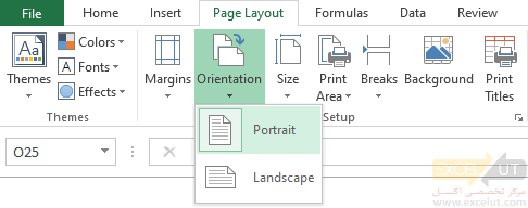 برای تعیین جهت کاغذ روی Orientation در گروه Page Setup از تب Page Layout کلیک کنید.