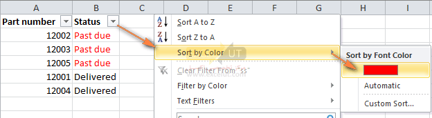 اگر می‌خواهید فقط با یک رنگ قلم مرتب‌سازی کنید، گزینه AutoFilter اکسل نیز برای شما کار خواهد کرد