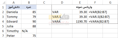 استفاده از توابع VAR, VAR.S و VARA در اکسل